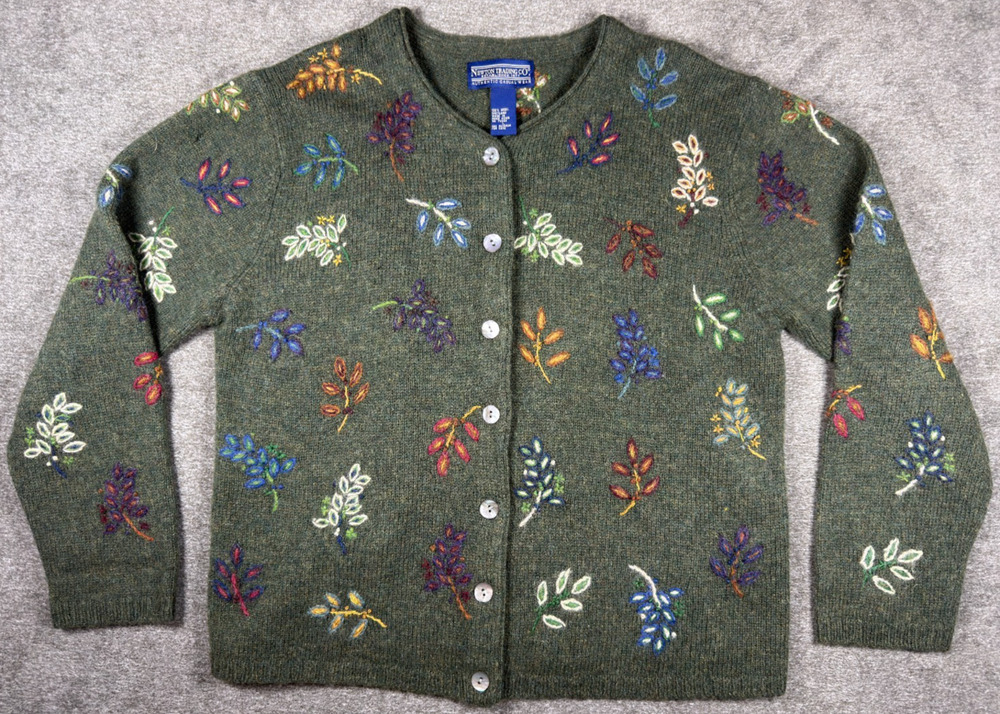 VTG Newton Trading Co Shetland Wool Cardigan L Green Embroidered Floral Leaves